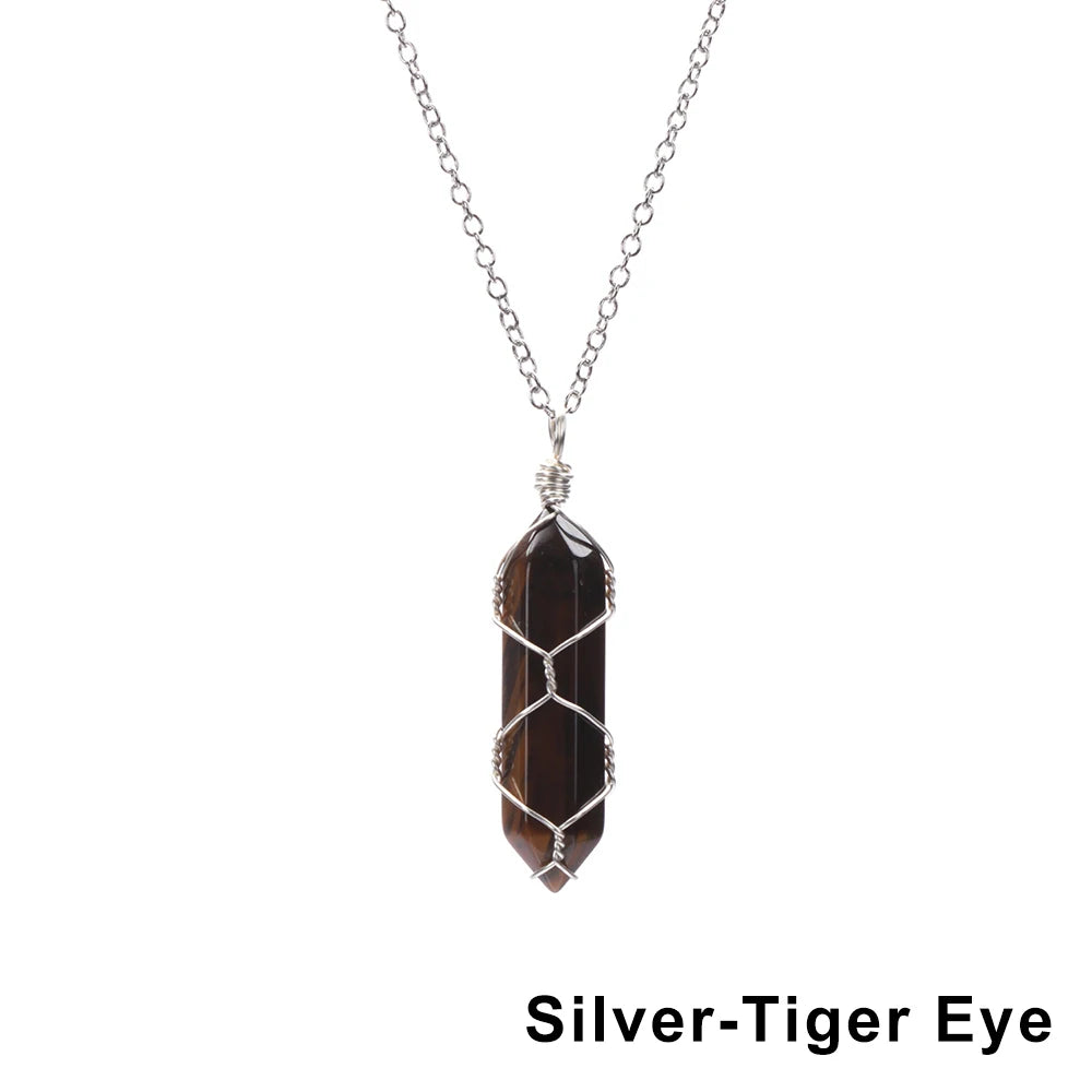 1Pc Fashion Hexagonal Cylindrical Crystal Necklace Natural Stone Wire Wrap Stone Pendant Amethyst Tiger Eye Jewelry Accessories