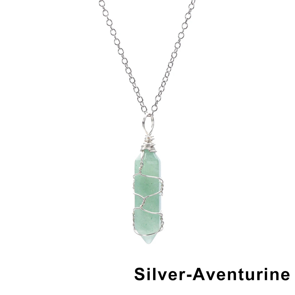 1Pc Fashion Hexagonal Cylindrical Crystal Necklace Natural Stone Wire Wrap Stone Pendant Amethyst Tiger Eye Jewelry Accessories