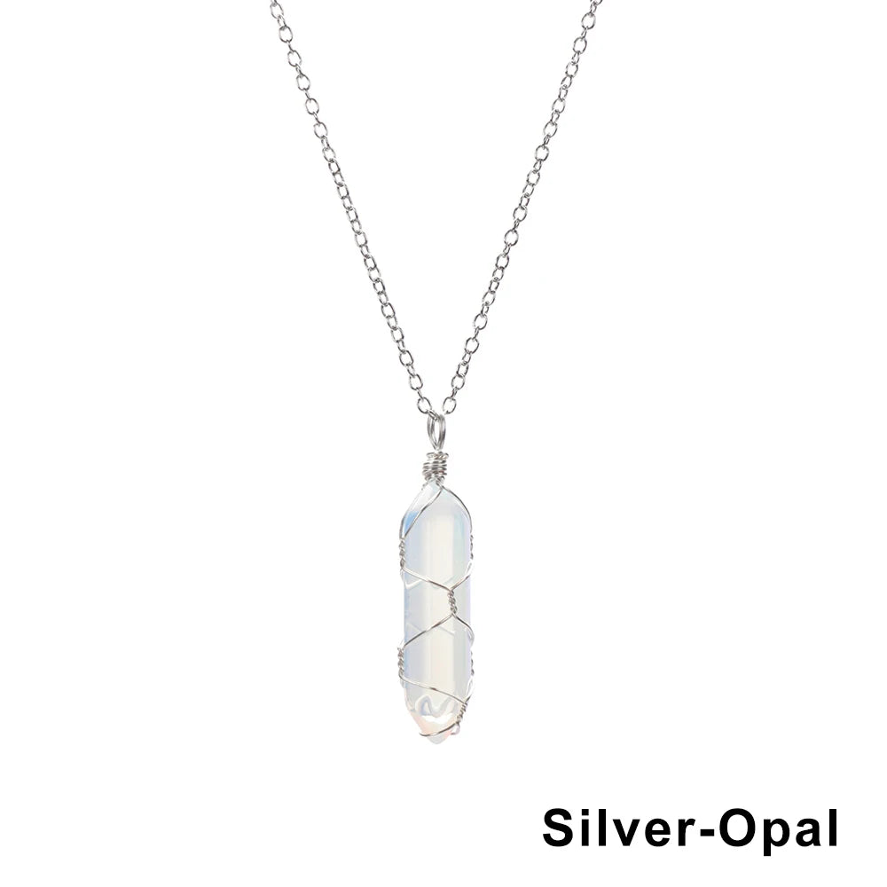 1Pc Fashion Hexagonal Cylindrical Crystal Necklace Natural Stone Wire Wrap Stone Pendant Amethyst Tiger Eye Jewelry Accessories