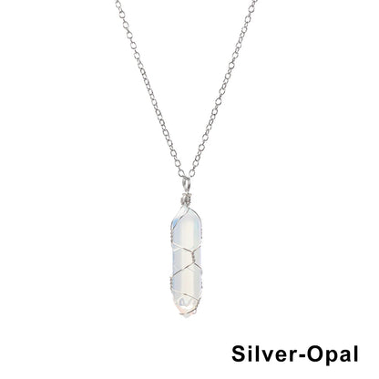 1Pc Fashion Hexagonal Cylindrical Crystal Necklace Natural Stone Wire Wrap Stone Pendant Amethyst Tiger Eye Jewelry Accessories