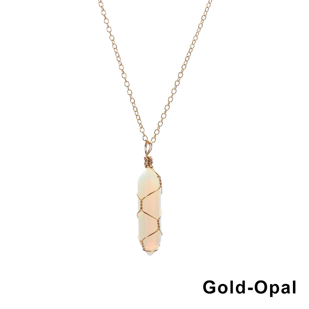 1Pc Fashion Hexagonal Cylindrical Crystal Necklace Natural Stone Wire Wrap Stone Pendant Amethyst Tiger Eye Jewelry Accessories