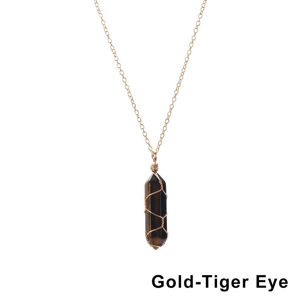 1Pc Fashion Hexagonal Cylindrical Crystal Necklace Natural Stone Wire Wrap Stone Pendant Amethyst Tiger Eye Jewelry Accessories