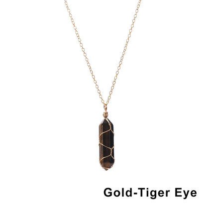 1Pc Fashion Hexagonal Cylindrical Crystal Necklace Natural Stone Wire Wrap Stone Pendant Amethyst Tiger Eye Jewelry Accessories