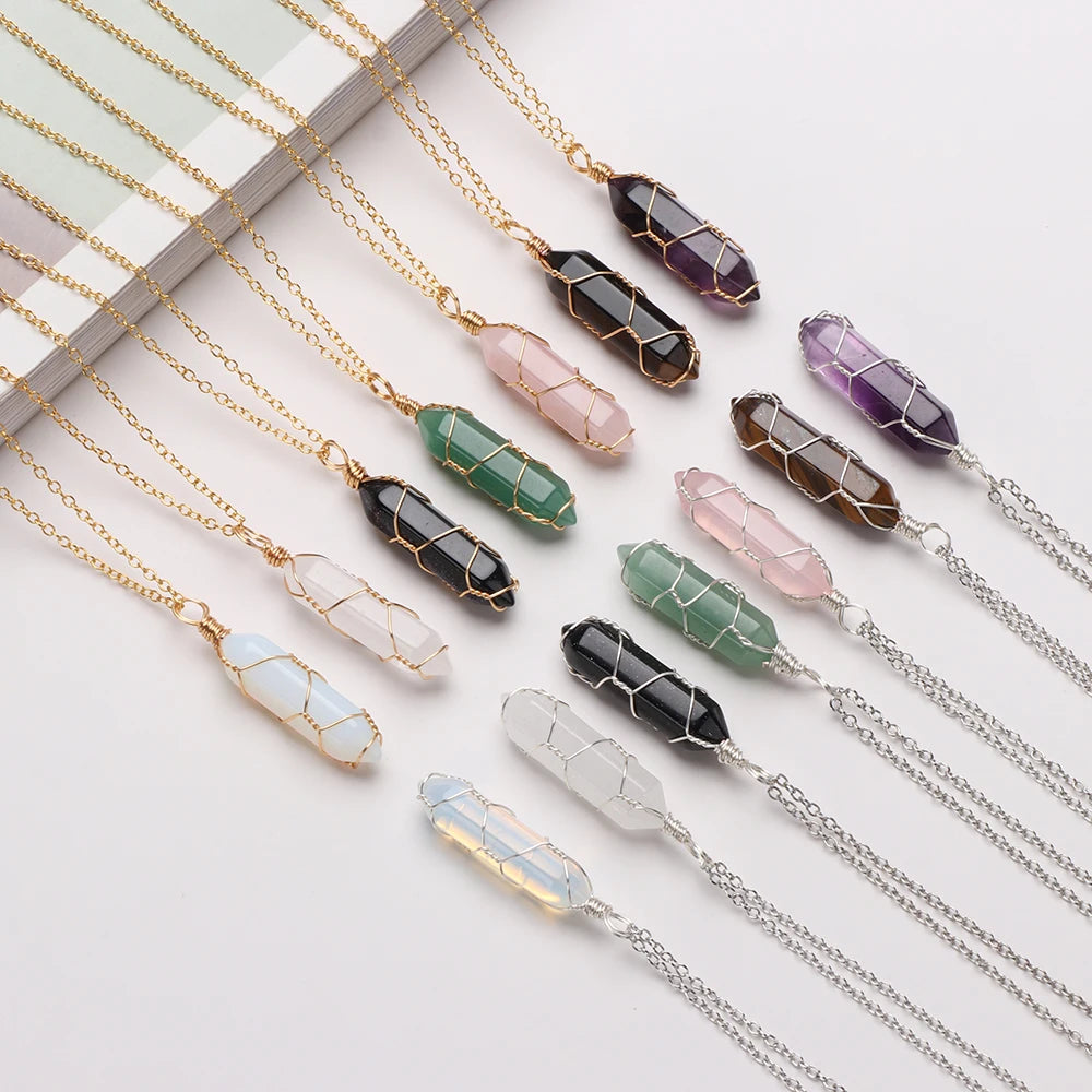 1Pc Fashion Hexagonal Cylindrical Crystal Necklace Natural Stone Wire Wrap Stone Pendant Amethyst Tiger Eye Jewelry Accessories