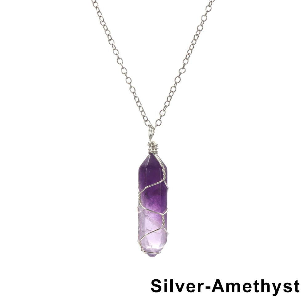 1Pc Fashion Hexagonal Cylindrical Crystal Necklace Natural Stone Wire Wrap Stone Pendant Amethyst Tiger Eye Jewelry Accessories