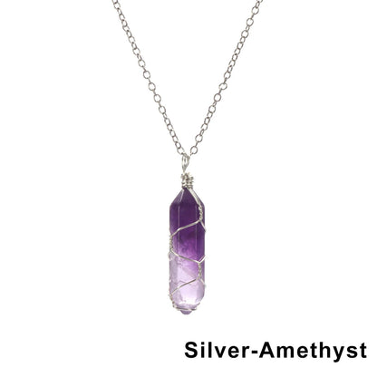 1Pc Fashion Hexagonal Cylindrical Crystal Necklace Natural Stone Wire Wrap Stone Pendant Amethyst Tiger Eye Jewelry Accessories