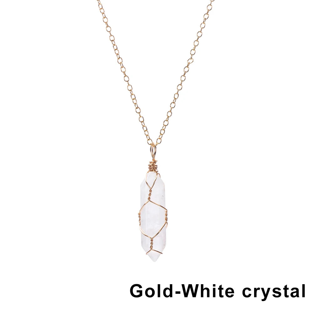 1Pc Fashion Hexagonal Cylindrical Crystal Necklace Natural Stone Wire Wrap Stone Pendant Amethyst Tiger Eye Jewelry Accessories