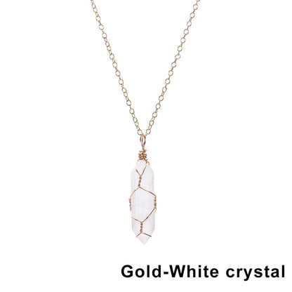 1Pc Fashion Hexagonal Cylindrical Crystal Necklace Natural Stone Wire Wrap Stone Pendant Amethyst Tiger Eye Jewelry Accessories