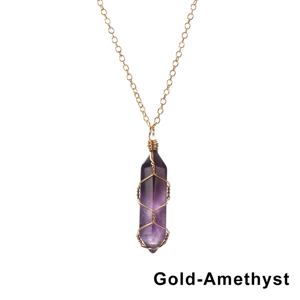 1Pc Fashion Hexagonal Cylindrical Crystal Necklace Natural Stone Wire Wrap Stone Pendant Amethyst Tiger Eye Jewelry Accessories