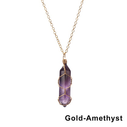 1Pc Fashion Hexagonal Cylindrical Crystal Necklace Natural Stone Wire Wrap Stone Pendant Amethyst Tiger Eye Jewelry Accessories