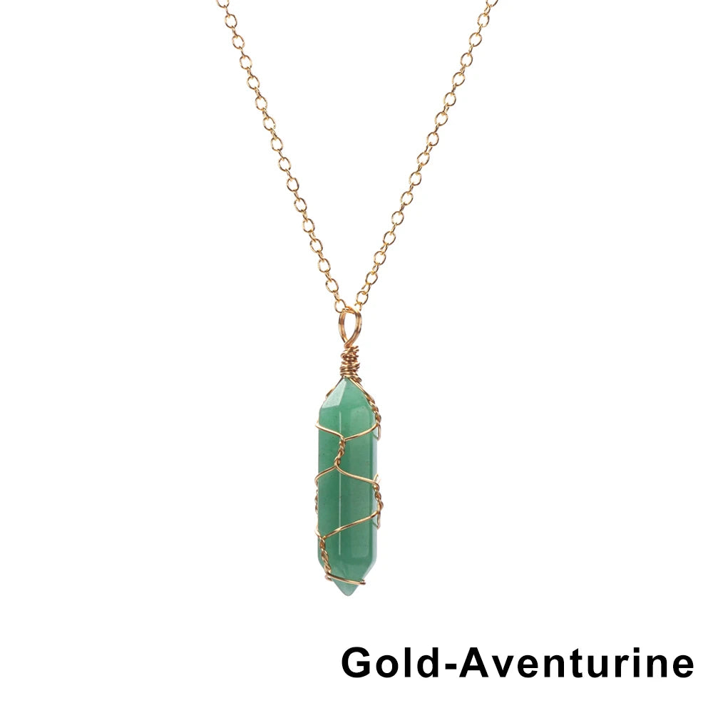 1Pc Fashion Hexagonal Cylindrical Crystal Necklace Natural Stone Wire Wrap Stone Pendant Amethyst Tiger Eye Jewelry Accessories