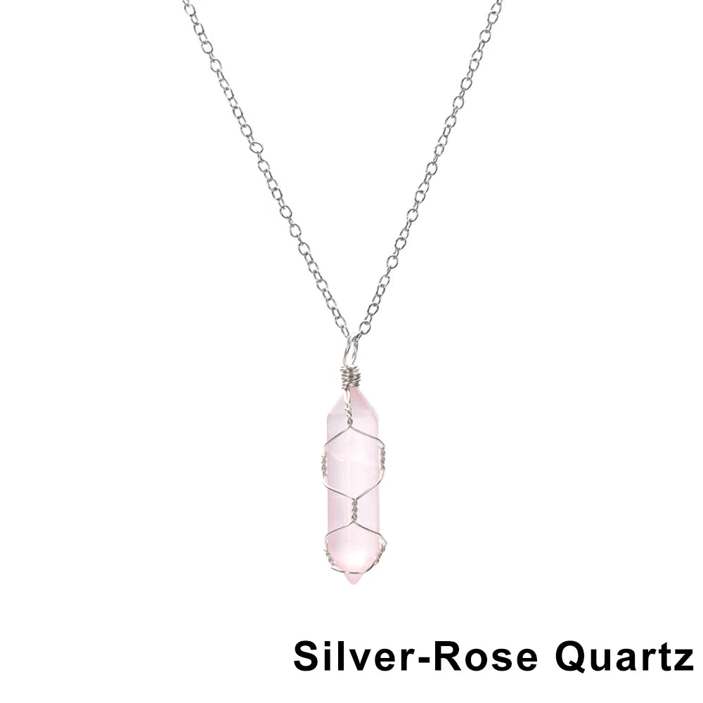 1Pc Fashion Hexagonal Cylindrical Crystal Necklace Natural Stone Wire Wrap Stone Pendant Amethyst Tiger Eye Jewelry Accessories