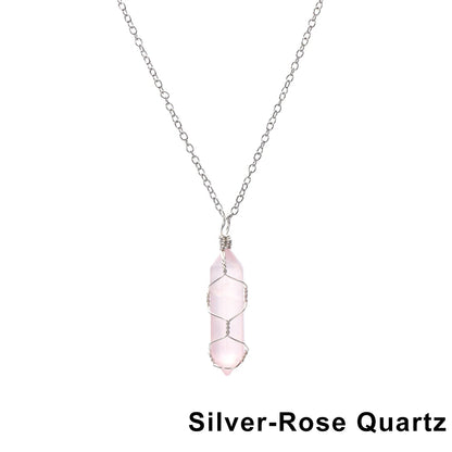 1Pc Fashion Hexagonal Cylindrical Crystal Necklace Natural Stone Wire Wrap Stone Pendant Amethyst Tiger Eye Jewelry Accessories