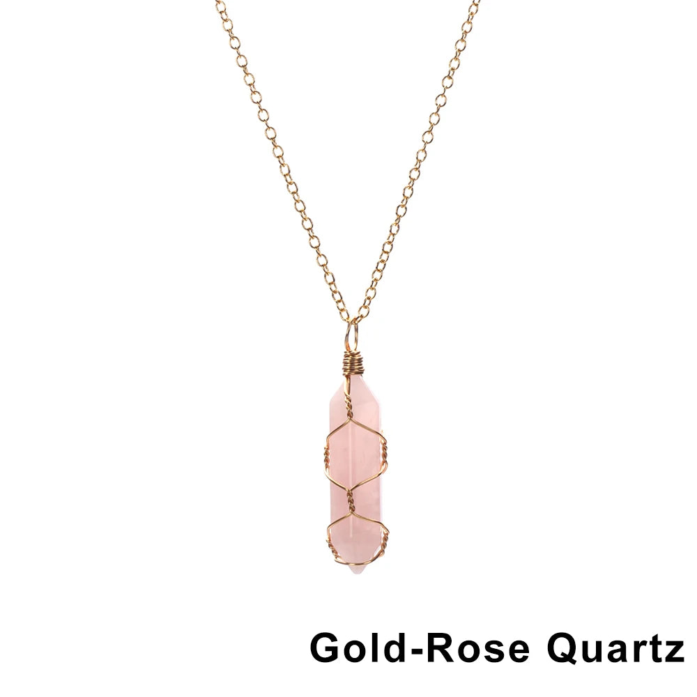 1Pc Fashion Hexagonal Cylindrical Crystal Necklace Natural Stone Wire Wrap Stone Pendant Amethyst Tiger Eye Jewelry Accessories