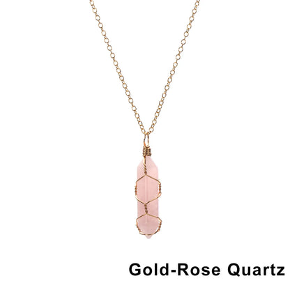 1Pc Fashion Hexagonal Cylindrical Crystal Necklace Natural Stone Wire Wrap Stone Pendant Amethyst Tiger Eye Jewelry Accessories