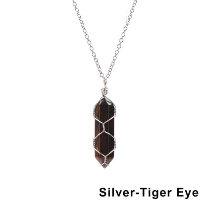 1Pc Fashion Hexagonal Cylindrical Crystal Necklace Natural Stone Wire Wrap Stone Pendant Amethyst Tiger Eye Jewelry Accessories