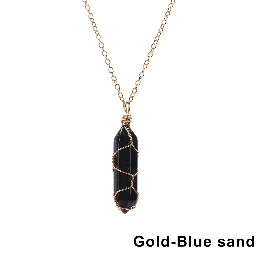 1Pc Fashion Hexagonal Cylindrical Crystal Necklace Natural Stone Wire Wrap Stone Pendant Amethyst Tiger Eye Jewelry Accessories