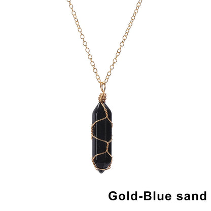 1Pc Fashion Hexagonal Cylindrical Crystal Necklace Natural Stone Wire Wrap Stone Pendant Amethyst Tiger Eye Jewelry Accessories