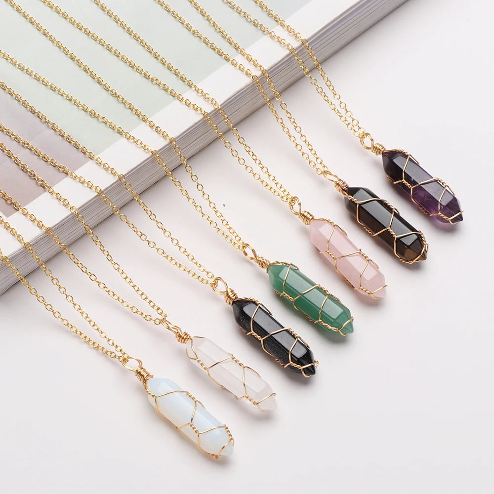 1Pc Fashion Hexagonal Cylindrical Crystal Necklace Natural Stone Wire Wrap Stone Pendant Amethyst Tiger Eye Jewelry Accessories