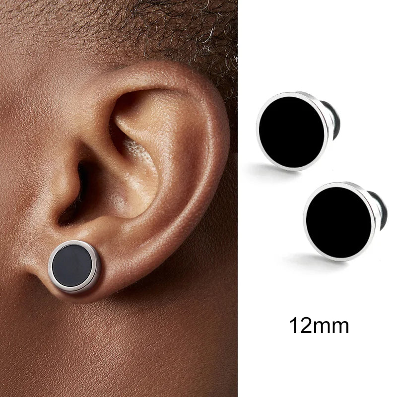 Men'S Earings Titanium Steel round Black Oil Drip Stud Earrings for Men Korean Fashion Stainless Steel Punk Jewelry Accessories