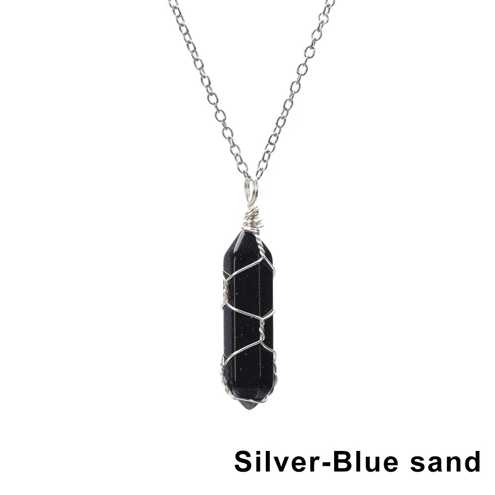 1Pc Fashion Hexagonal Cylindrical Crystal Necklace Natural Stone Wire Wrap Stone Pendant Amethyst Tiger Eye Jewelry Accessories