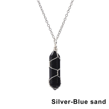 1Pc Fashion Hexagonal Cylindrical Crystal Necklace Natural Stone Wire Wrap Stone Pendant Amethyst Tiger Eye Jewelry Accessories