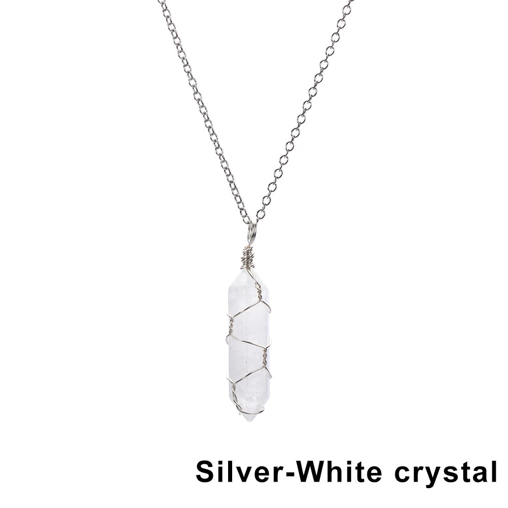 1Pc Fashion Hexagonal Cylindrical Crystal Necklace Natural Stone Wire Wrap Stone Pendant Amethyst Tiger Eye Jewelry Accessories