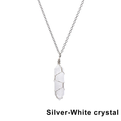 1Pc Fashion Hexagonal Cylindrical Crystal Necklace Natural Stone Wire Wrap Stone Pendant Amethyst Tiger Eye Jewelry Accessories